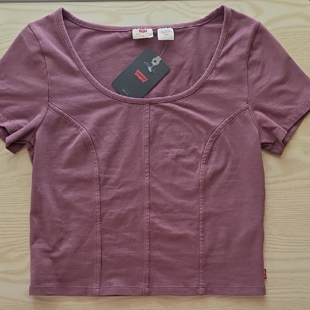 NWT. Levi's Womens (M) Mauve Purple Short Sleeve Corset Style Tee Shirt Crop Top - Picture 7 of 9